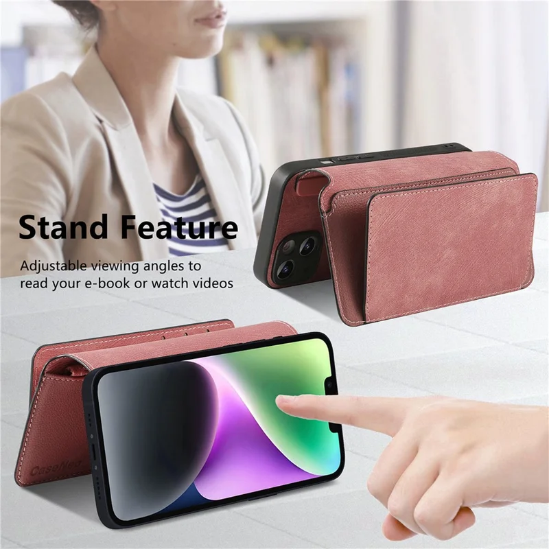 CASENEO MW-02S Magnetic Detachable Leather Phone Cover for 6.1 inch Phone RFID Blocking Wallet Stand - Pink