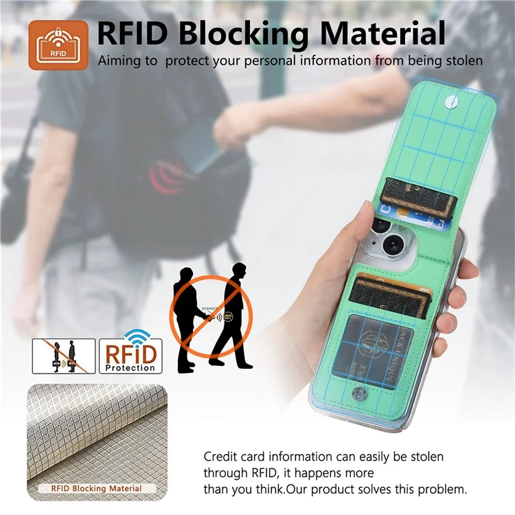 KB-62 RFID Blocking Phone Wallet Wristband Kickstand Zipper Leather Phone Card Bag - Verde Menta