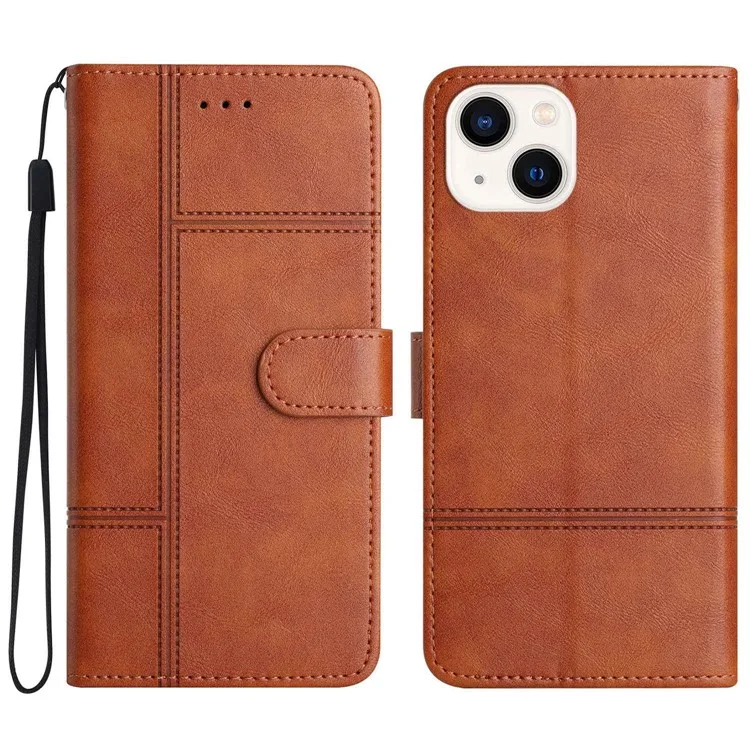 Case de Billetera Anti-caza Para Iphone 14, Estilo de Negocio Anti-scratch Cowhide Texture PU Cuero de Cuero Soporte Con Correa - Marrón