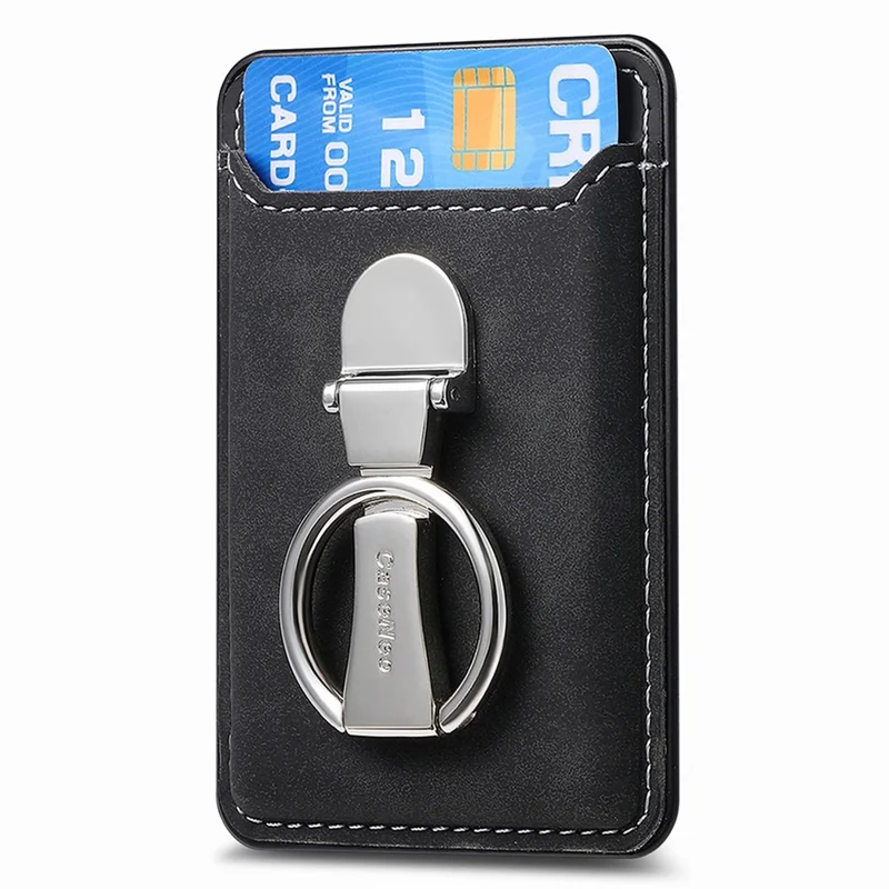 CASENEO MC-W8 Magnetic Card Bag Ring Kickstand Leather Phone Wallet Card Holder - Black