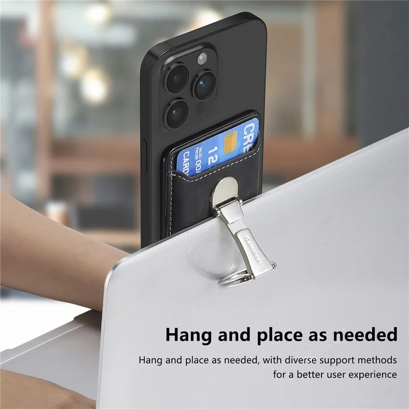 CASENEO MC-W8 Magnetic Card Bag Ring Kickstand Leather Phone Wallet Card Holder - Black