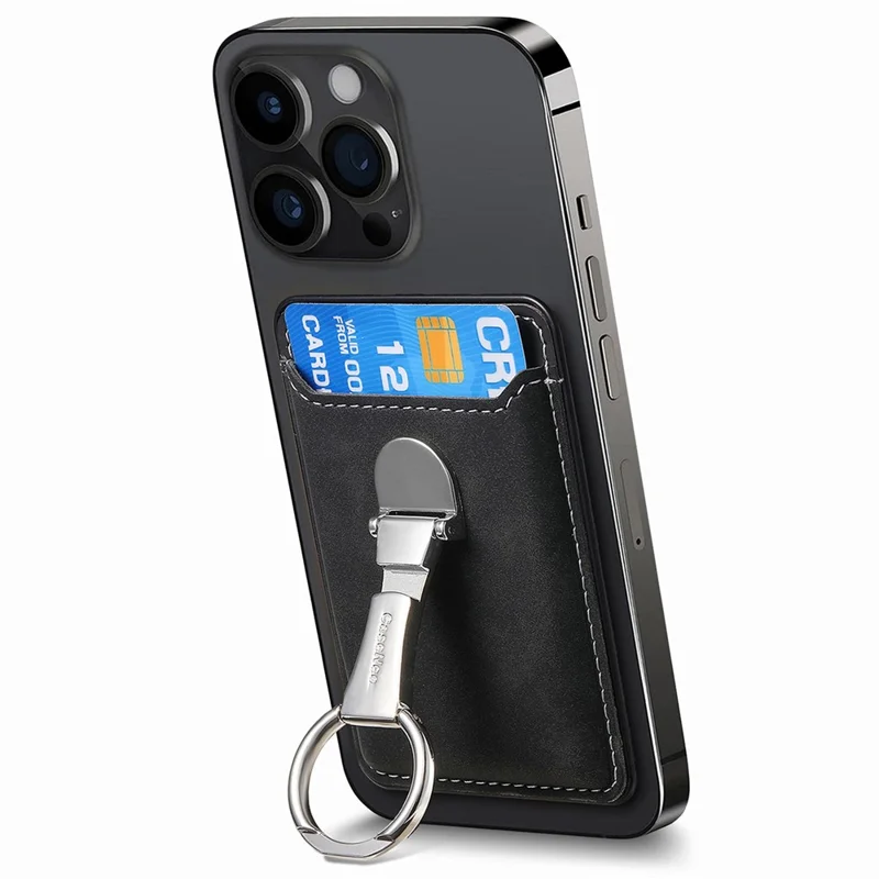 CASENEO MC-W8 Magnetic Card Bag Ring Kickstand Leather Phone Wallet Card Holder - Black