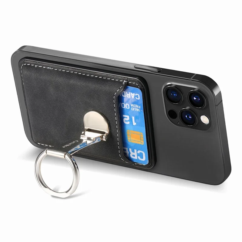 CASENEO MC-W8 Magnetic Card Bag Ring Kickstand Leather Phone Wallet Card Holder - Black