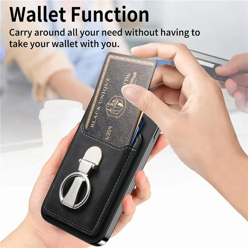 CASENEO MC-W8 Magnetic Card Bag Ring Kickstand Leather Phone Wallet Card Holder - Black