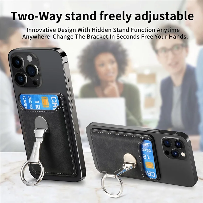 CASENEO MC-W8 Magnetic Card Bag Ring Kickstand Leather Phone Wallet Card Holder - Black