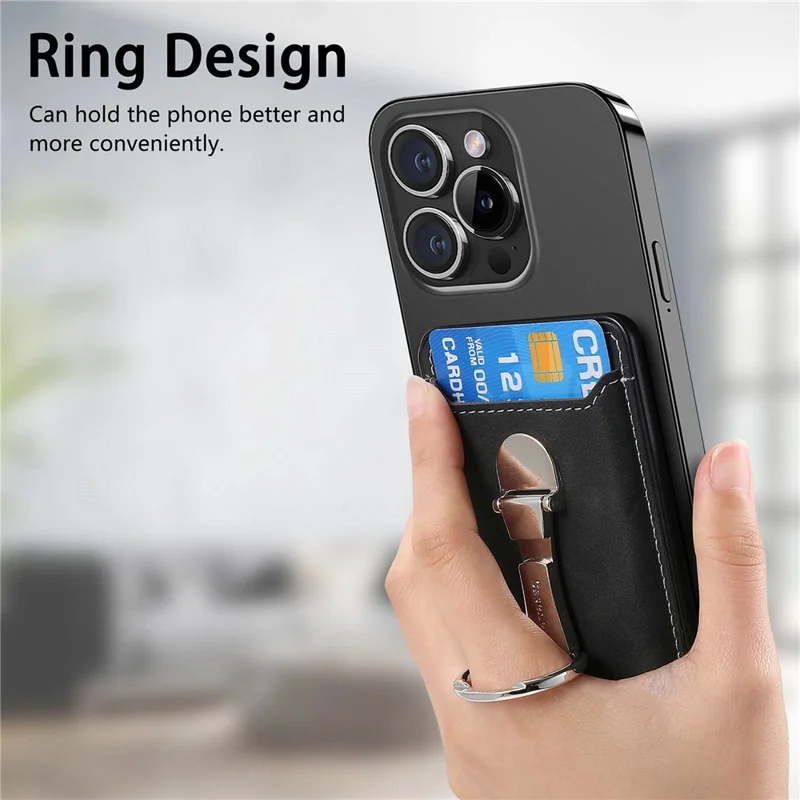 CASENEO MC-W8 Magnetic Card Bag Ring Kickstand Leather Phone Wallet Card Holder - Black