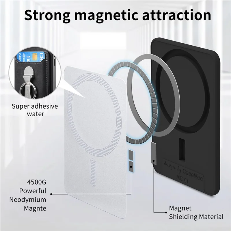 CASENEO MC-W8 Magnetic Card Bag Ring Kickstand Leather Phone Wallet Card Holder - Black