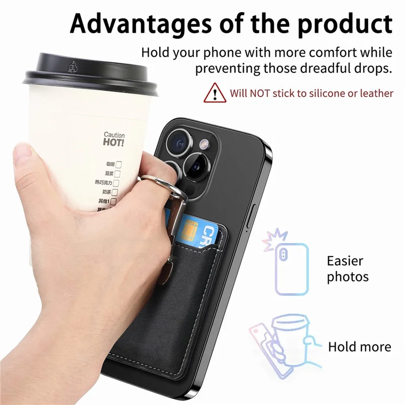 CASENEO MC-W8 Magnetic Card Bag Ring Kickstand Leather Phone Wallet Card Holder - Black