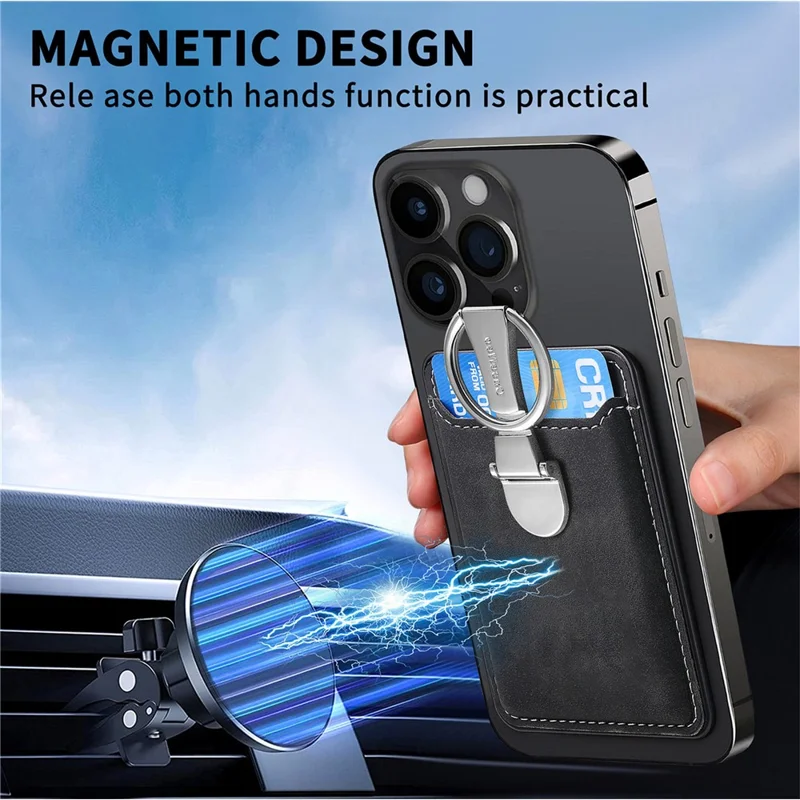 CASENEO MC-W8 Magnetic Card Bag Ring Kickstand Leather Phone Wallet Card Holder - Black