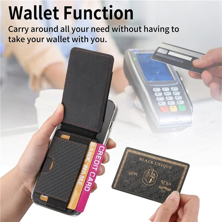KB-59 Carbon Fiber Texture Adhesive Phone Wallet Kickstand Leather Elastic Card Bag - Schwarz