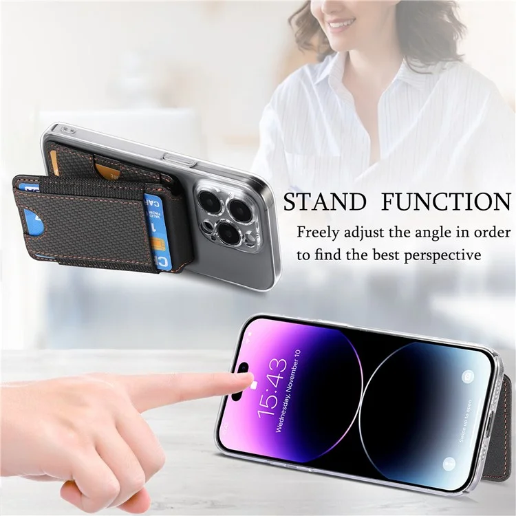 KB-59 Carbon Fiber Texture Adhesive Phone Wallet Kickstand Leather Elastic Card Bag - Schwarz