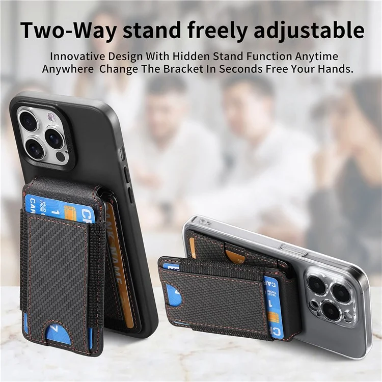 KB-59 Carbon Fiber Texture Adhesive Phone Wallet Kickstand Leather Elastic Card Bag - Schwarz