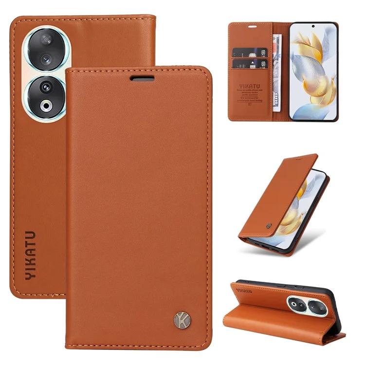 Capa de couro para telefone YIKATU YK-001 For Honor 90 Case Stand com fechamento magnético resistente - Marrom