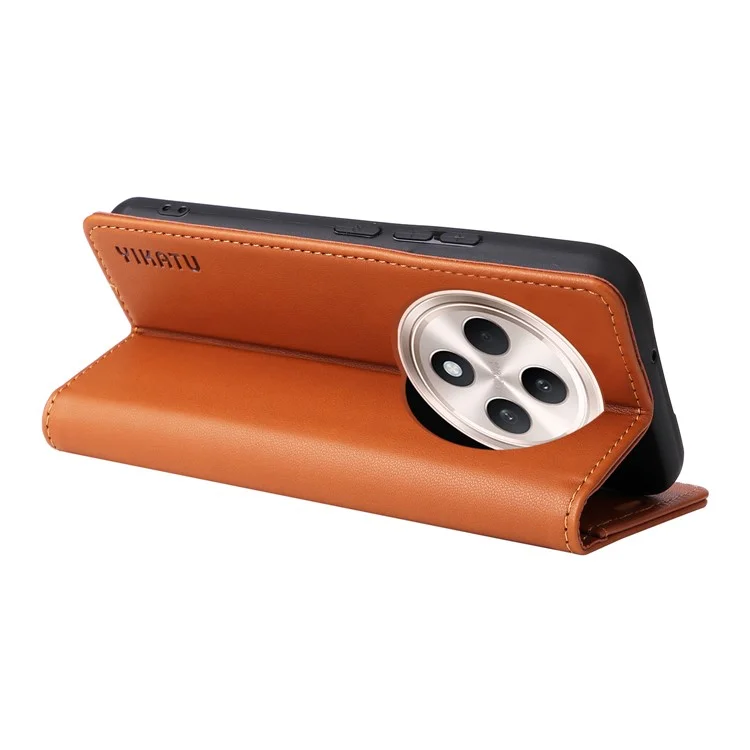 YIKATU YK-001 Pour Oppo Reno12 F 4G Étui Portefeuille Étui en Cuir Couverture Téléphone Fermeture Magnétique Puissante - Marron