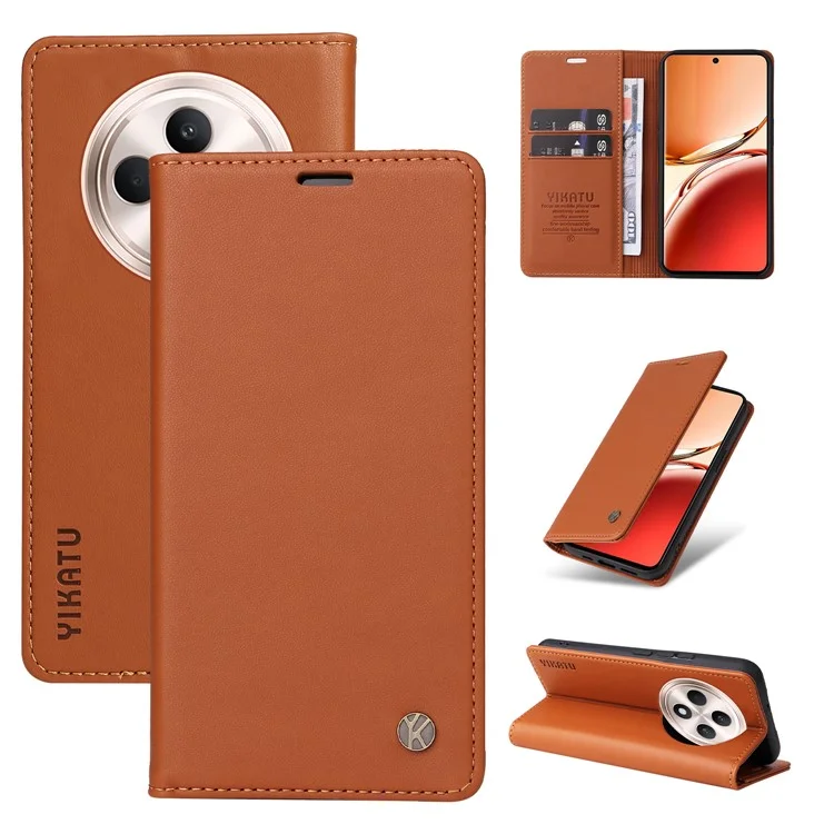 YIKATU YK-001 Pour Oppo Reno12 F 4G Étui Portefeuille Étui en Cuir Couverture Téléphone Fermeture Magnétique Puissante - Marron
