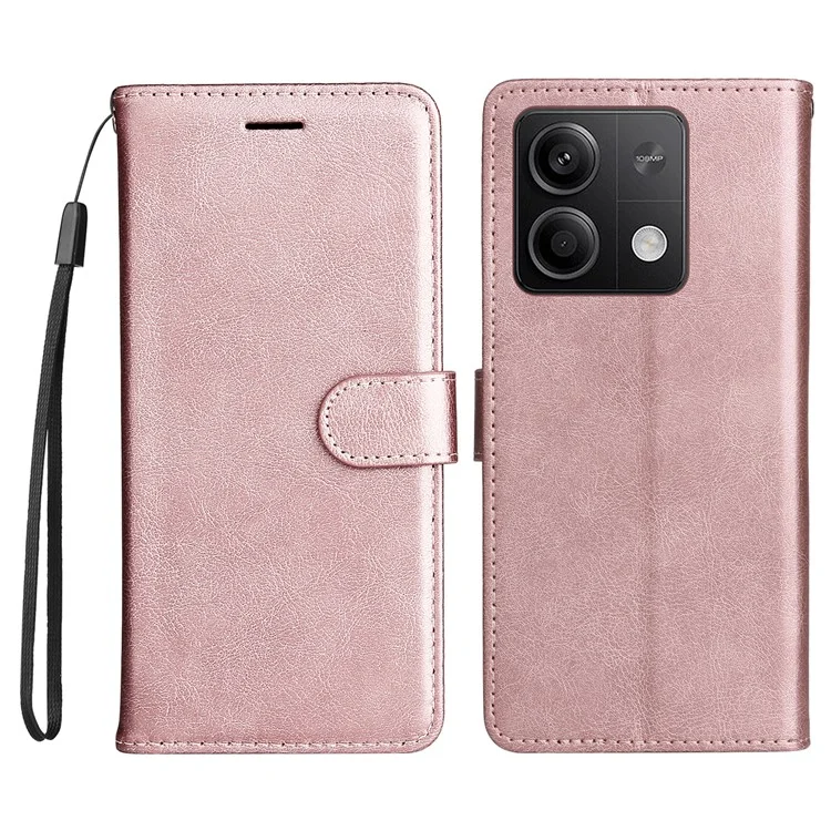 For Xiaomi Redmi Note 13 5G Case Solid Color Leather Mobile Cover Wallet Stand with Strap - Rose Gold