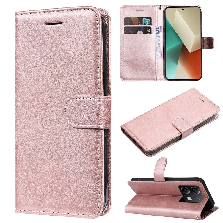 For Xiaomi Redmi Note 13 5G Case Solid Color Leather Mobile Cover Wallet Stand with Strap - Rose Gold