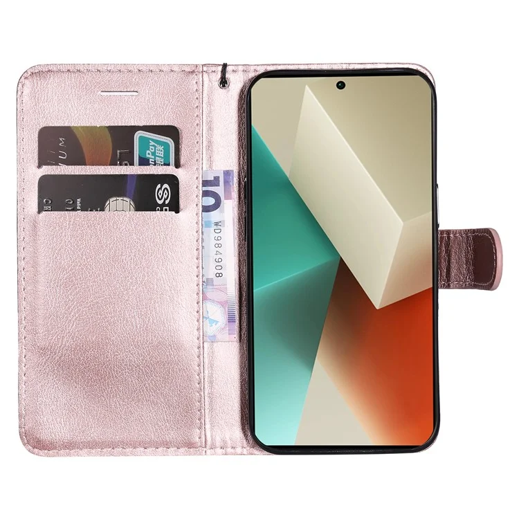For Xiaomi Redmi Note 13 5G Case Solid Color Leather Mobile Cover Wallet Stand with Strap - Rose Gold