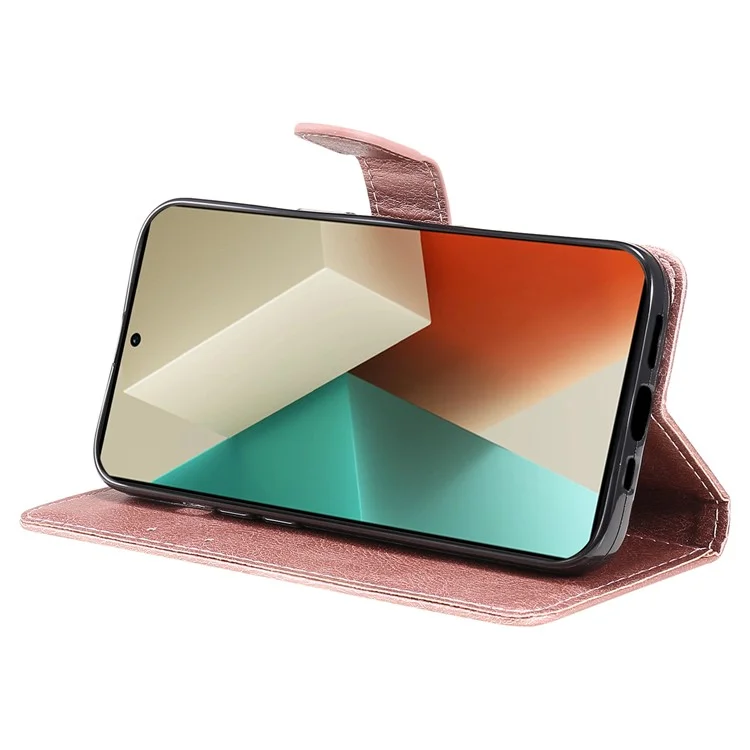 For Xiaomi Redmi Note 13 5G Case Solid Color Leather Mobile Cover Wallet Stand with Strap - Rose Gold
