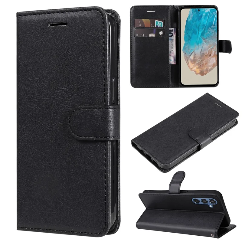 For Samsung Galaxy M35 5G Case Solid Color Leather Mobile Cover Wallet Stand with Strap - Black