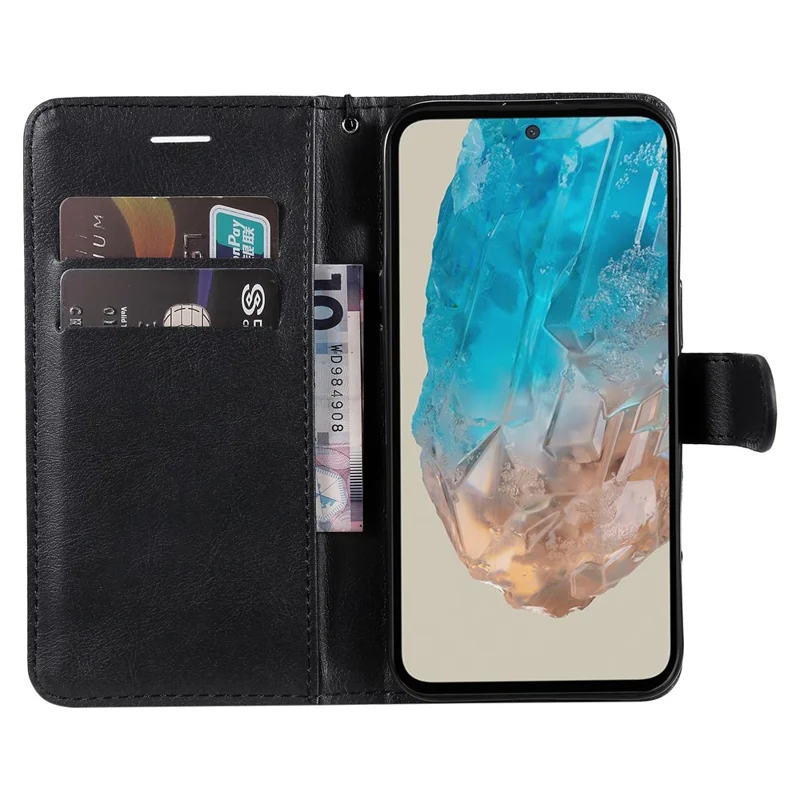For Samsung Galaxy M35 5G Case Solid Color Leather Mobile Cover Wallet Stand with Strap - Black