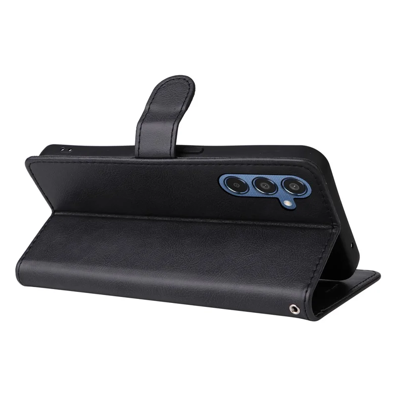 For Samsung Galaxy M35 5G Case Solid Color Leather Mobile Cover Wallet Stand with Strap - Black