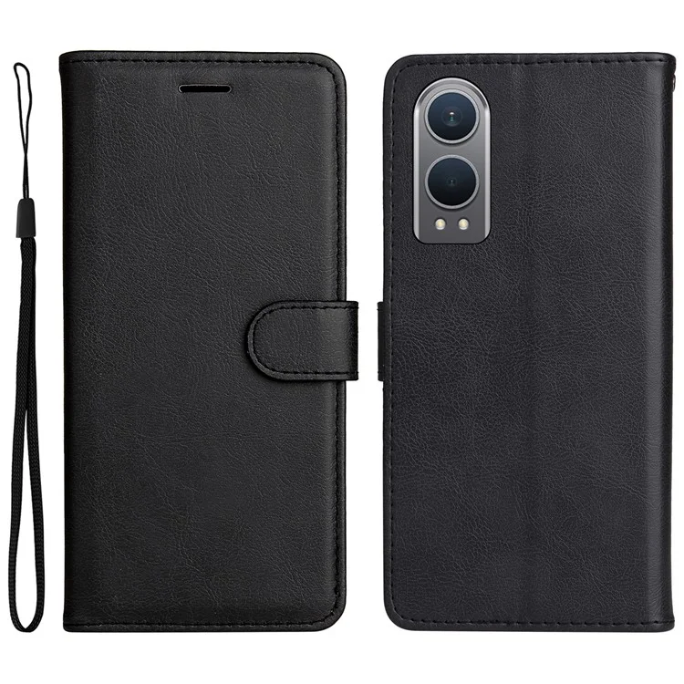 For OnePlus Nord CE4 Lite 5G / Oppo K12x 5G (China) Case Solid Color Leather Mobile Cover Wallet Stand with Strap - Black