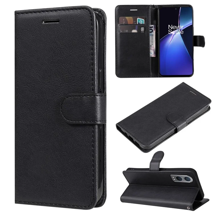 For OnePlus Nord CE4 Lite 5G / Oppo K12x 5G (China) Case Solid Color Leather Mobile Cover Wallet Stand with Strap - Black
