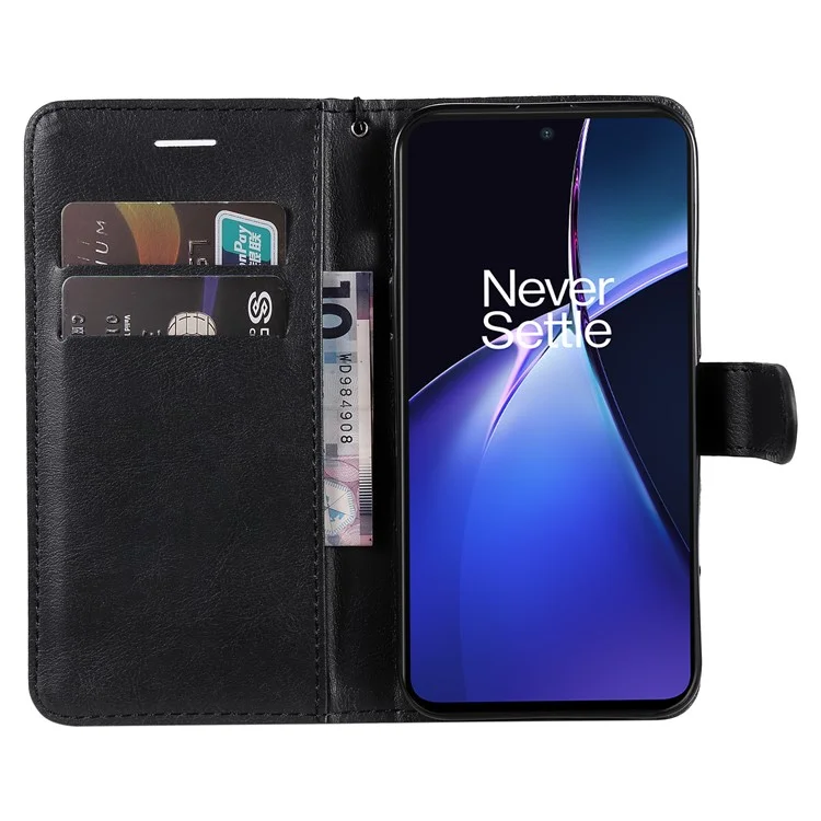 For OnePlus Nord CE4 Lite 5G / Oppo K12x 5G (China) Case Solid Color Leather Mobile Cover Wallet Stand with Strap - Black