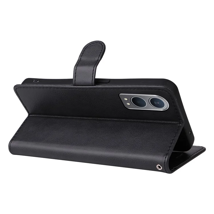 For OnePlus Nord CE4 Lite 5G / Oppo K12x 5G (China) Case Solid Color Leather Mobile Cover Wallet Stand with Strap - Black