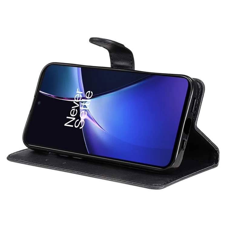For OnePlus Nord CE4 Lite 5G / Oppo K12x 5G (China) Case Solid Color Leather Mobile Cover Wallet Stand with Strap - Black