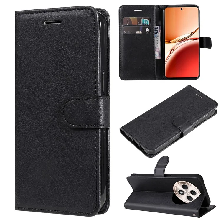 Série KT Leather-2 pour Oppo Reno12 F 4G Étui Couleur Unie Folio Housse de Téléphone Antichoc Intérieur TPU - Noir