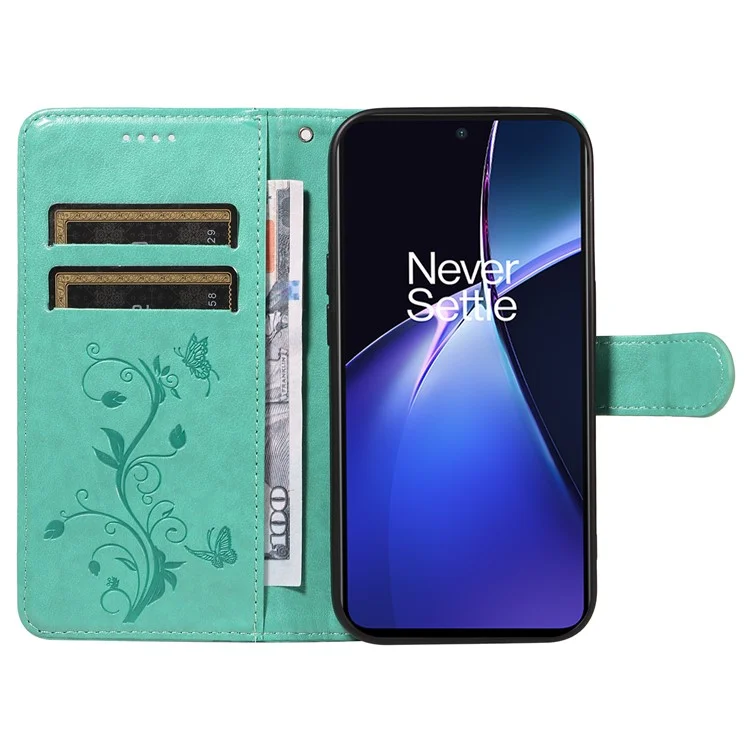 For OnePlus Nord CE4 Lite 5G / Oppo K12x 5G (China) PU Leather Cases Flower Pattern Wallet Stand Phone Cover with Strap - Green