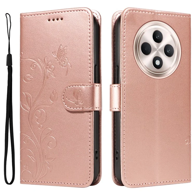 For Oppo Reno12 F 4G PU Leather Cases Flower Pattern Wallet Stand Phone Cover with Strap - Rose Gold