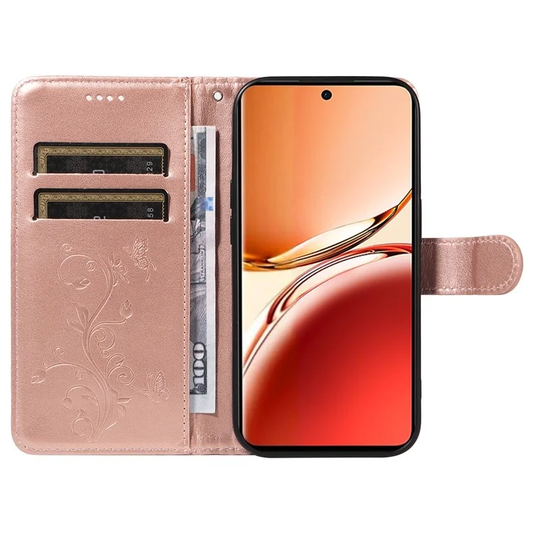 For Oppo Reno12 F 4G PU Leather Cases Flower Pattern Wallet Stand Phone Cover with Strap - Rose Gold