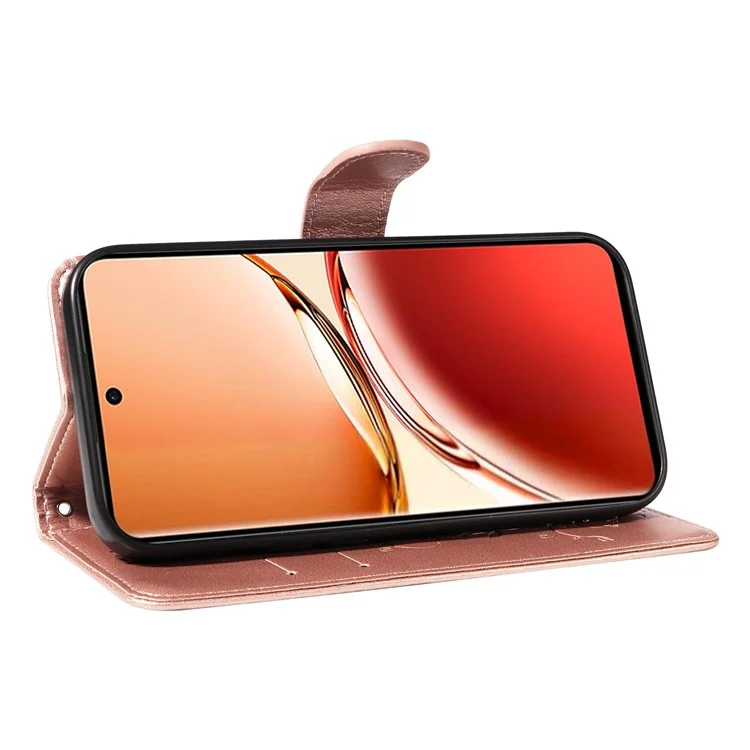 For Oppo Reno12 F 4G PU Leather Cases Flower Pattern Wallet Stand Phone Cover with Strap - Rose Gold