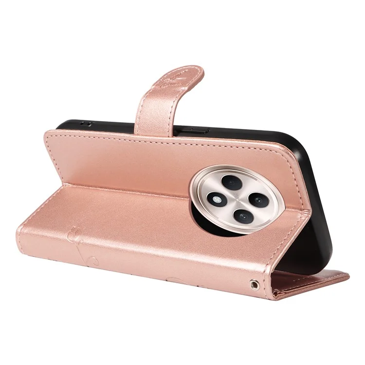 For Oppo Reno12 F 4G PU Leather Cases Flower Pattern Wallet Stand Phone Cover with Strap - Rose Gold
