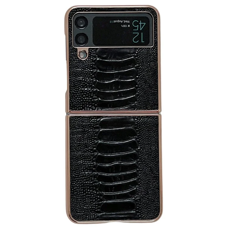 For Samsung Galaxy Z Flip4 5G Protective Case Electroplating Anti-Drop Phone Cover Crocodile Texture Genuine Leather+TPU+PC Shockproof Case - Black