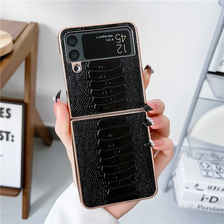 For Samsung Galaxy Z Flip4 5G Protective Case Electroplating Anti-Drop Phone Cover Crocodile Texture Genuine Leather+TPU+PC Shockproof Case - Black