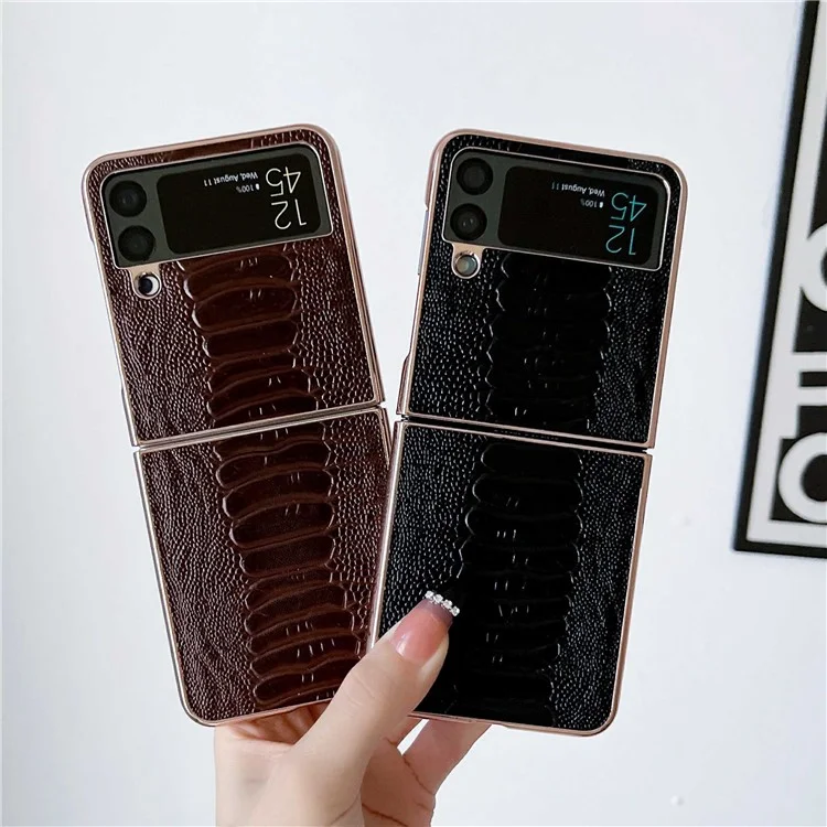 For Samsung Galaxy Z Flip4 5G Protective Case Electroplating Anti-Drop Phone Cover Crocodile Texture Genuine Leather+TPU+PC Shockproof Case - Black