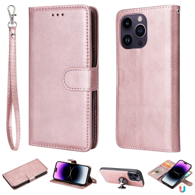 KT Leather Series-3 Pour iPhone 15 Pro Max Étui en Cuir PU 2 en 1 Portefeuille Étui Téléphone Détachable - Rose Gold