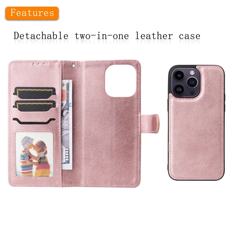 KT Leather Series-3 Pour iPhone 15 Pro Max Étui en Cuir PU 2 en 1 Portefeuille Étui Téléphone Détachable - Rose Gold