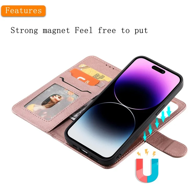 KT Leather Series-3 Pour iPhone 15 Pro Max Étui en Cuir PU 2 en 1 Portefeuille Étui Téléphone Détachable - Rose Gold