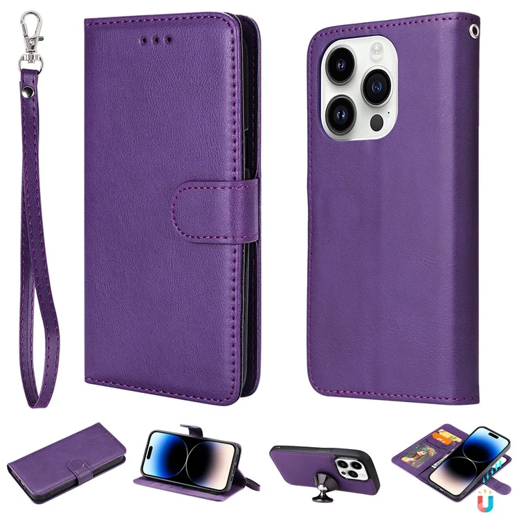 KT Leather Series-3 For iPhone 15 Pro Case Magnetisch abnehmbare PU-Leder-Handyhülle mit Kartenfach - Lila