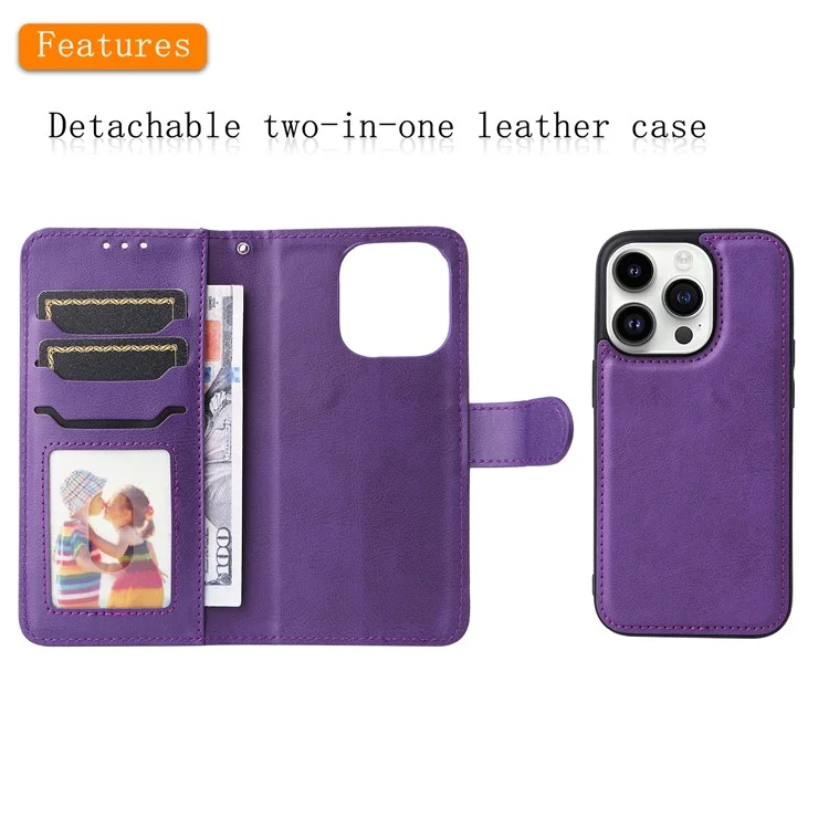 KT Leather Series-3 For iPhone 15 Pro Case Magnetisch abnehmbare PU-Leder-Handyhülle mit Kartenfach - Lila