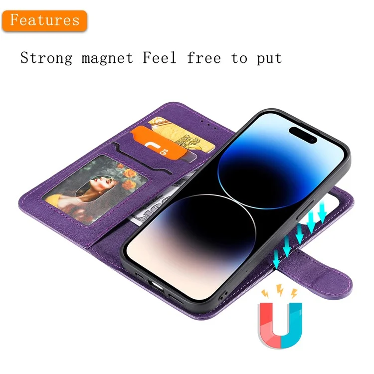 KT Leather Series-3 For iPhone 15 Pro Case Magnetisch abnehmbare PU-Leder-Handyhülle mit Kartenfach - Lila