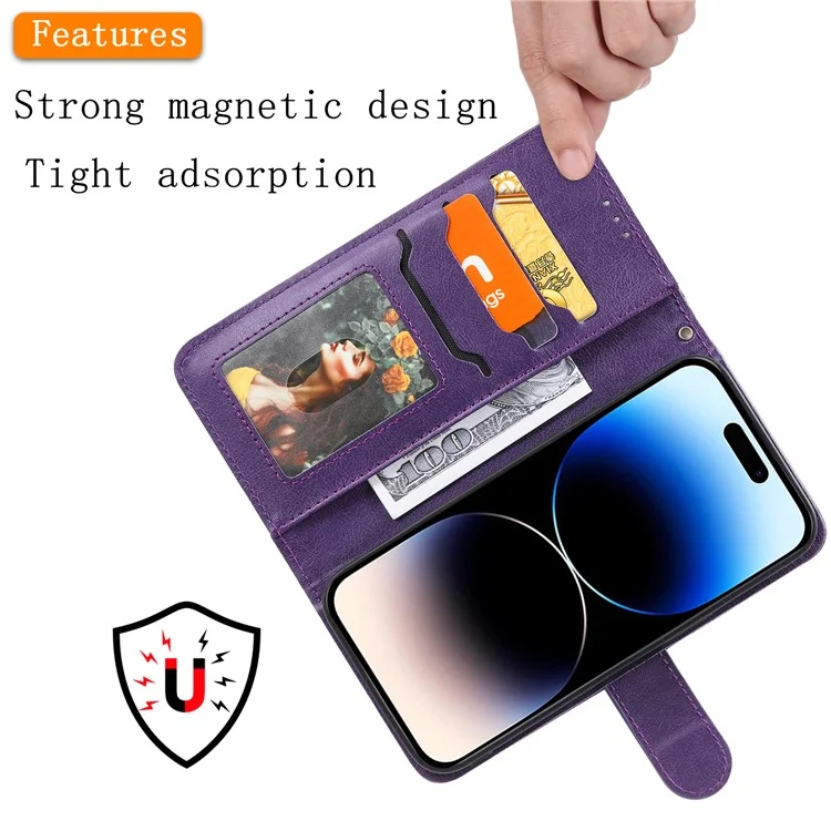 KT Leather Series-3 For iPhone 15 Pro Case Magnetisch abnehmbare PU-Leder-Handyhülle mit Kartenfach - Lila