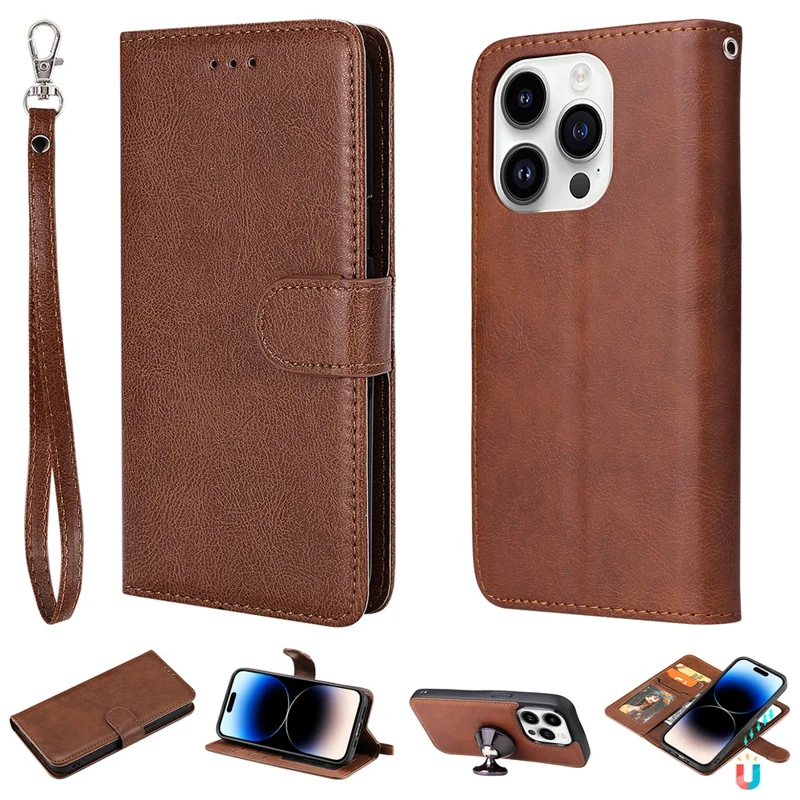 For iPhone 15 Pro Case 2 in 1 Detachable Magnetic Leather Wallet Mobile Cover with Strap - Brown