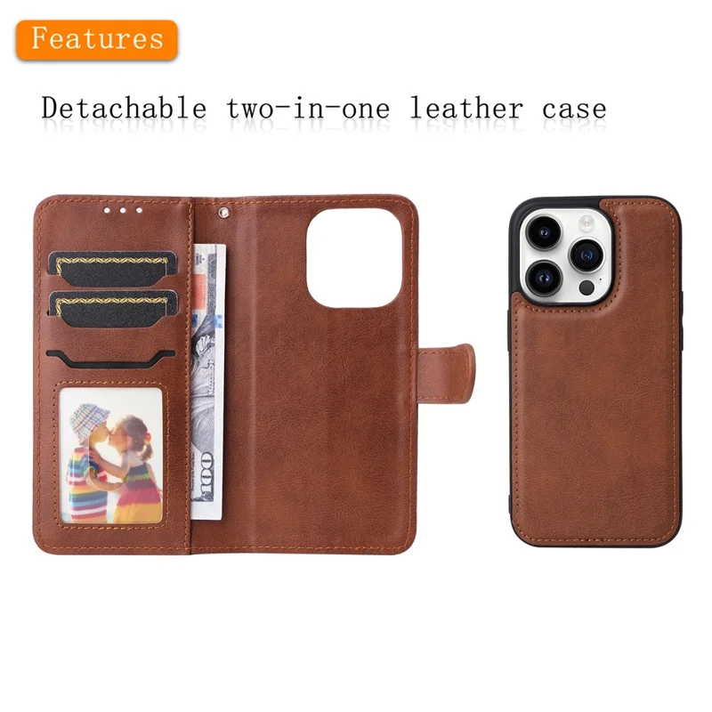 For iPhone 15 Pro Case 2 in 1 Detachable Magnetic Leather Wallet Mobile Cover with Strap - Brown
