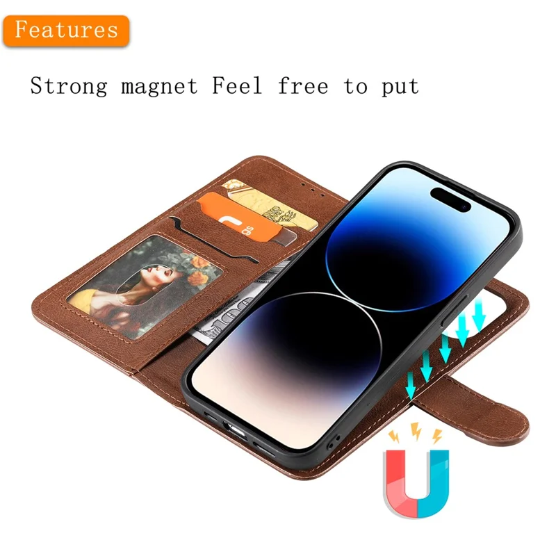 For iPhone 15 Pro Case 2 in 1 Detachable Magnetic Leather Wallet Mobile Cover with Strap - Brown